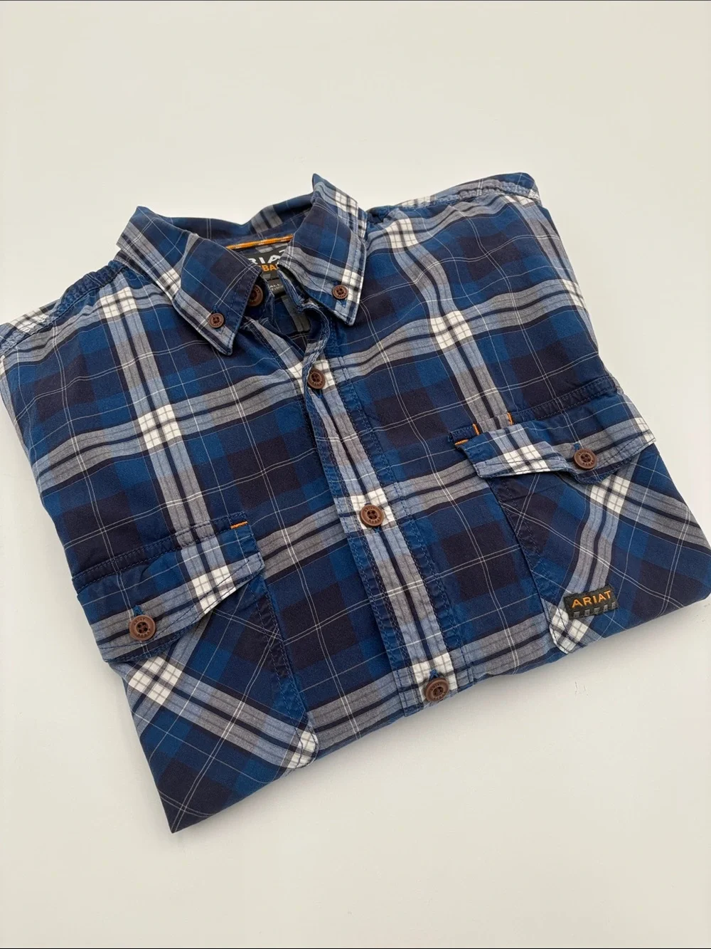 Ariat Rebar Men’s L Tall Blue‎ Plaid Short Sleeve Button Down Work Shirt